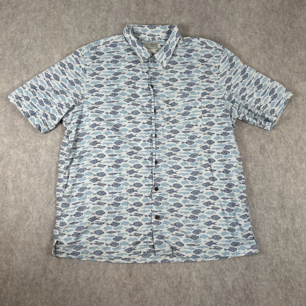 Vintage 90s LL Bean Hawiian Button Up Shirt Men's Large Traditional Fit Blue - Picture 1 of 5